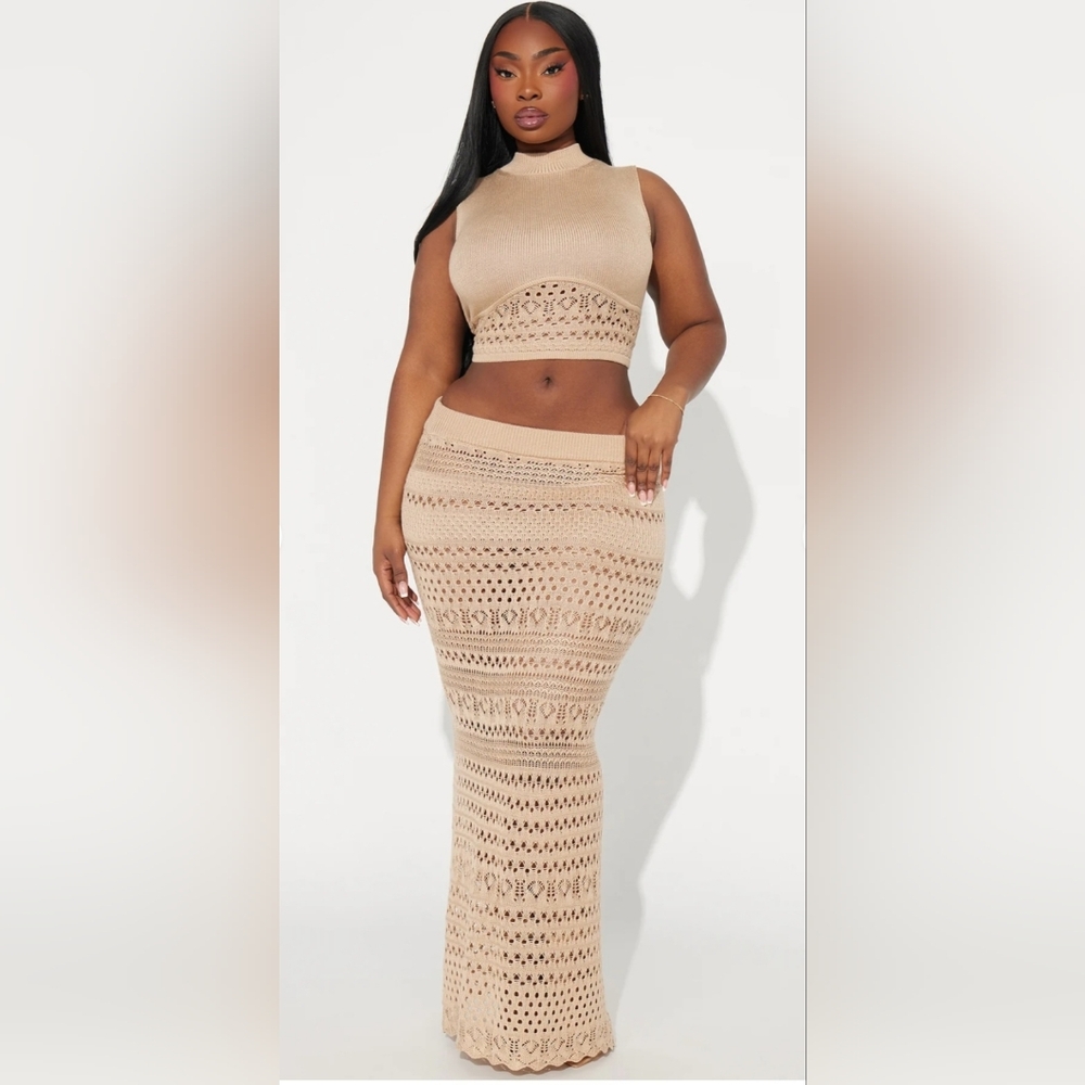 Tan Crochet Maxi Skirt Set